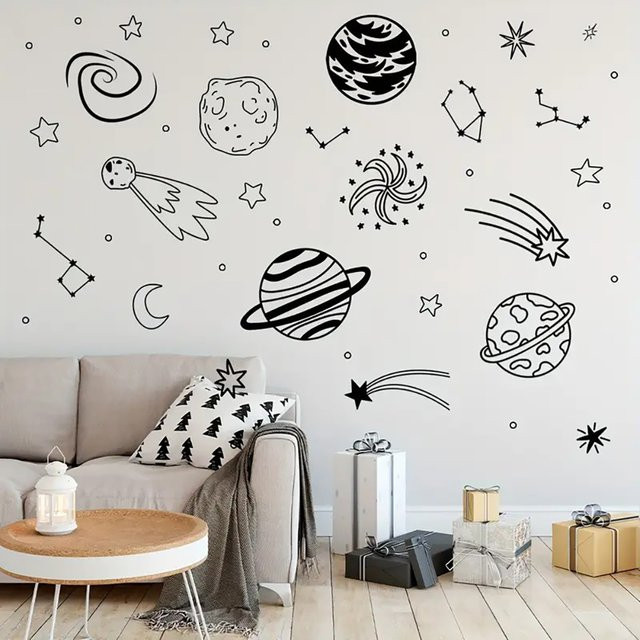 Duruibom Wandaufkleber mit Planeten- und Meteor-Weltraum-Motiv in Grün und Schwarz für Schlafzimmer und Spielzimmer - Bild 1