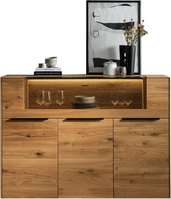 Highboard ADIRON aus massiver Wildeiche in Braun mit Glastüren und integrierter Beleuchtung - Bild 1