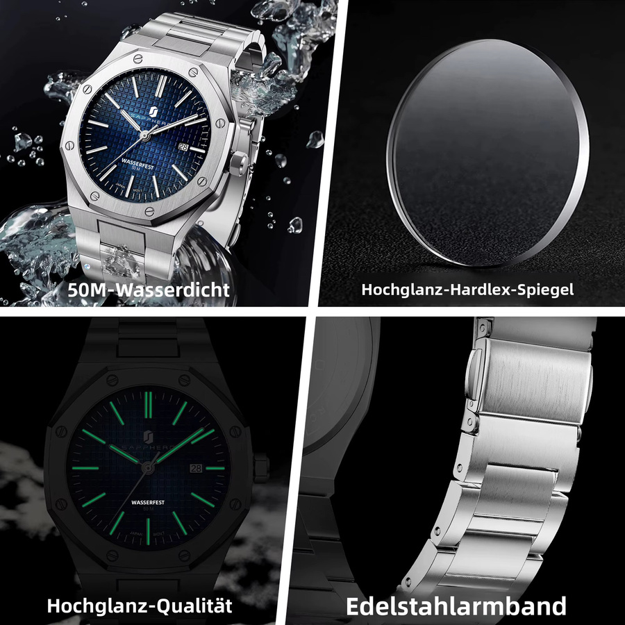 SAPPHERO Armbanduhr Herren, Analoguhr, Quarz, Edelstahl, Blau, Silber - Bild 4