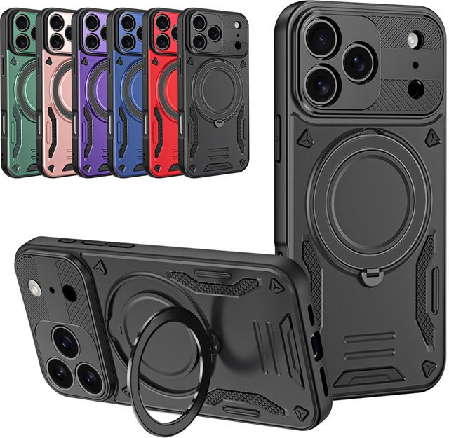 Luxuriöse Magnethülle für Apple iPhone 17, 16, 15, 14, 13, 12, 11 Pro Max Plus mit Ringhalterung und Stoßstangen-Schutz in Rot - Bild 1