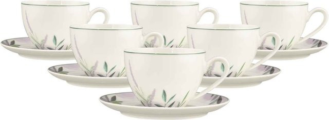 Seltmann Weiden Milchkaffeetassen mit Untertassen Savona Provence aus Porzellan, Weiß, 6er Set, 340 ml pro Tasse - Bild 1