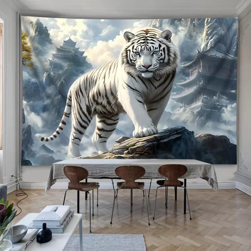 VIKAMA Wandteppich mit weißem Tiger und Bergtempel in Naturlandschaft, orientalischer Wandbehang in Multicolour, B/H: 60 x 40 cm - Bild 3