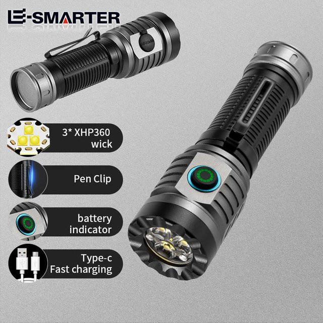 ESMARTER Mini LED Taschenlampe aus Aluminiumlegierung, wiederaufladbar, Schwarz mit Clip - Bild 1