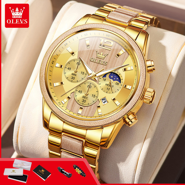 OLEVS Armbanduhr Quarz, Holz, Chronograph, Gold, Herren - Bild 1