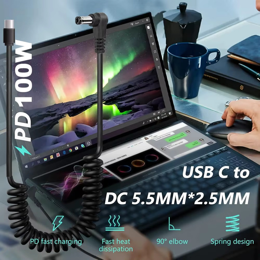 PD 100 W USB-C auf DC Ladekabel in Schwarz, Spiralkabel mit 5,5 x 2,5 mm Anschluss für Laptop-Schnellladung - Bild 2