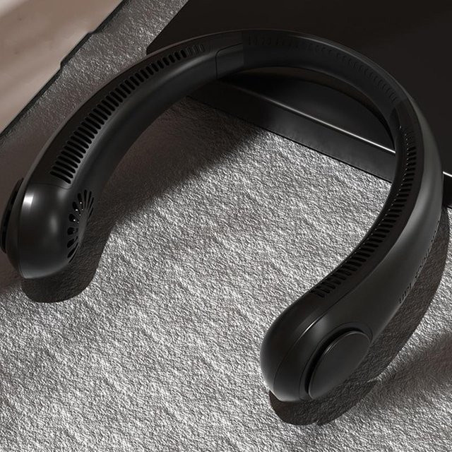 JQIQLY Kabelloser 360 Grad Nackenventilator in Schwarz, USB wiederaufladbarer Mini-Ventilator ohne Rotorblätter für Outdoor und Sport - Bild 1