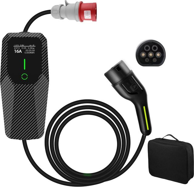 Junsun EV Ladegerät Steuerkasten Typ 2 3P 6A bis 16A 11kW mit 5m Kabel in Schwarz aus Kohlefaser - Bild 1