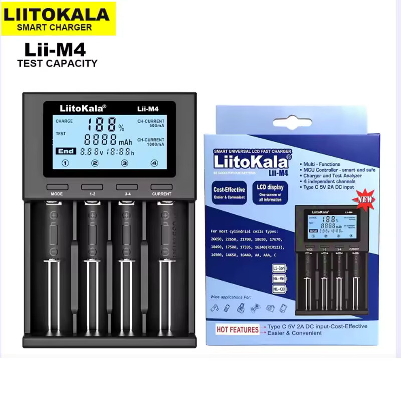 LiitoKala Lii-M4 Intelligentes 4-Slot Batterieladegerät mit LCD-Anzeige und Kapazitätstestfunktion in Schwarz für 18650 26650 21700 AA AAA - Bild 2