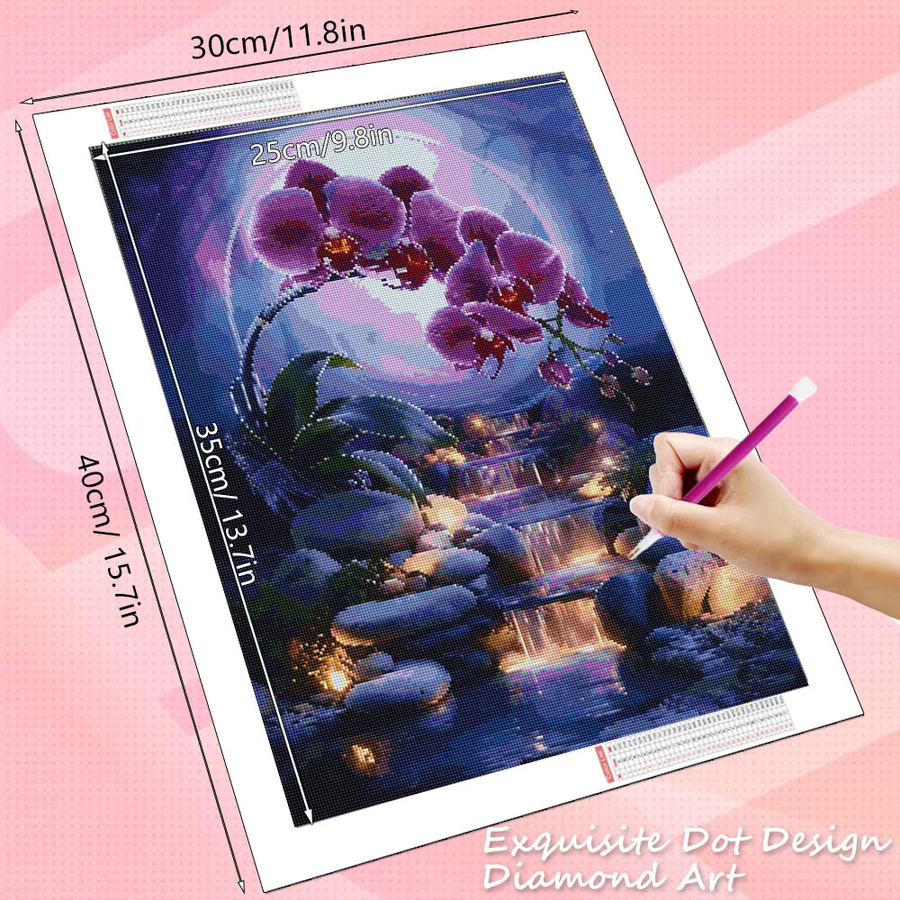 HUACAN Diamant-Mosaik Orchidee als Naturlandschaft mit runden Strasssteinen, B/H: 20 x 30 cm - Bild 2