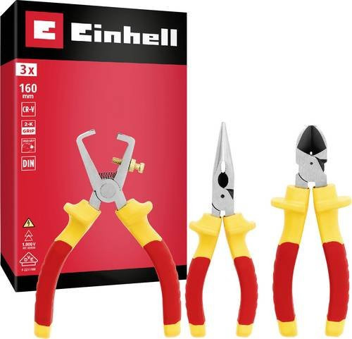 Einhell 3-teiliges VDE-Elektriker-Zangen-Set aus Chrom-Vanadium in Rot-Gelb mit Seitenschneider - Bild 2