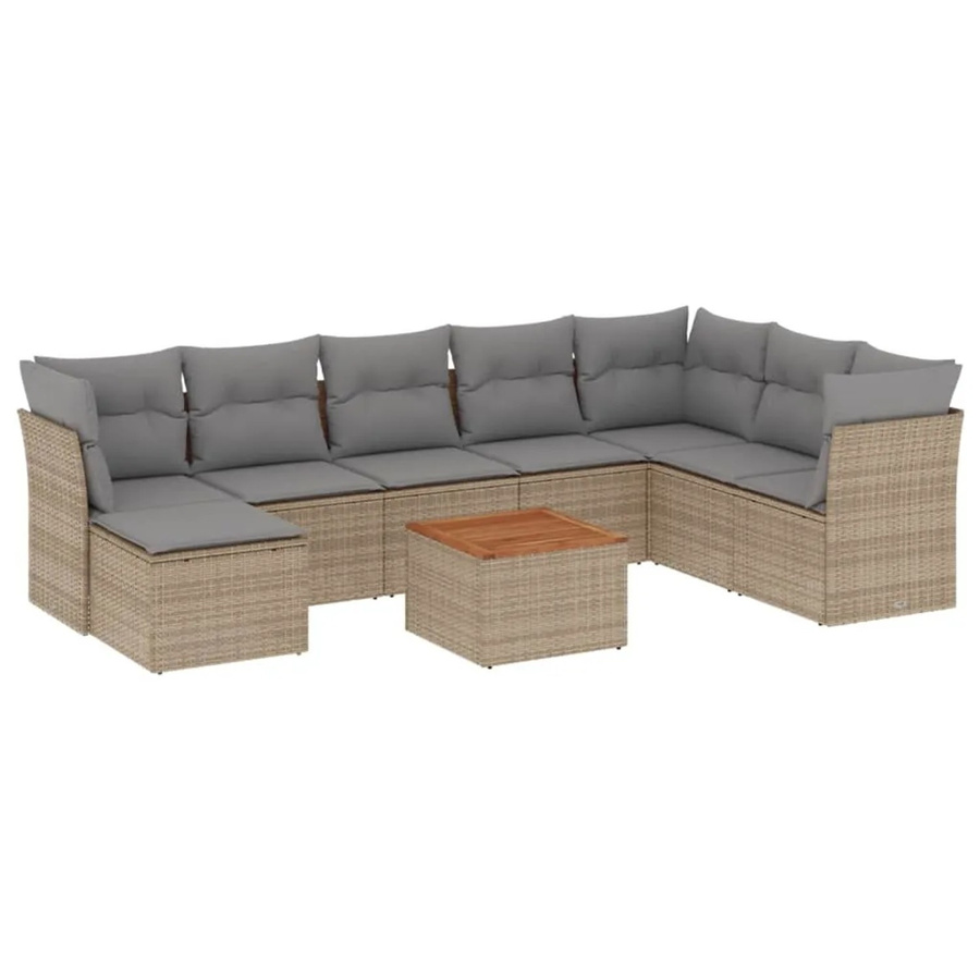 vidaXL 9-teilige Garten-Sofagarnitur in L-Form aus Poly-Rattan und Akazienholz mit Kissen in Beige-Grau - Bild 2
