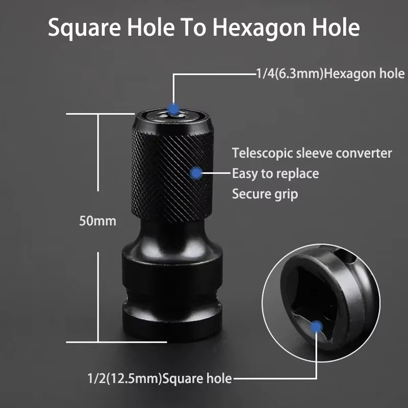 Adapter Set für Schlagschrauber von 1/2 Zoll auf 1/4 Zoll Hex Ratsche Buchse in Schwarz - Bild 3