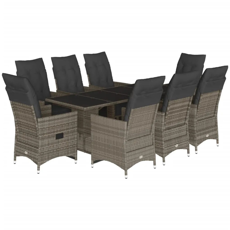 vidaXL 9-tlg Garten-Bistro-Set aus Poly Rattan in Grau mit Kissen und Hartglas-Tischplatte - Bild 2