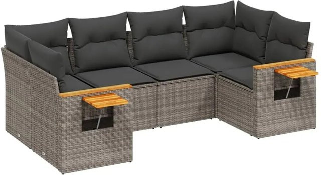 vidaXL 6-tlg. Garten-Sofagarnitur in L-Form aus Poly-Rattan und Akazienholz mit Kissen in Grau - Bild 1