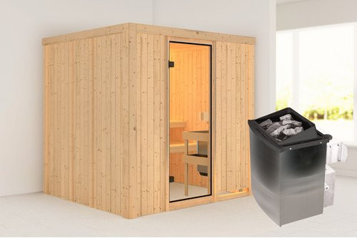 Karibu Sauna Kabli aus Fichtenholz in Braun für 4 Personen mit 9 kW Ofen, B/T/H: 196 x 178 x 198 cm - Bild 1