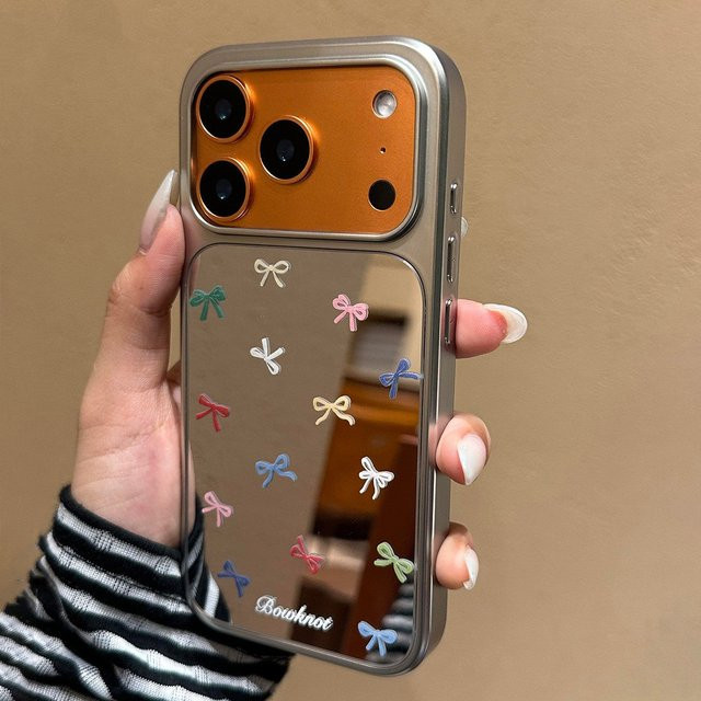 Apple iPhone 17 16 15 14 Pro Max Handyhülle mit Schleifen-Spiegel-Design in Silber und Multicolour, stoßfeste Hybrid-Bumper-Hülle aus ultradünnem PC-Hartschalenmaterial - Bild 1