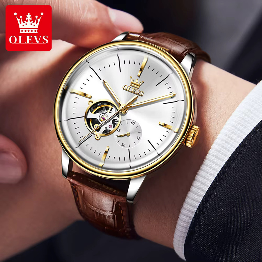OLEVS Armbanduhr, Automatik, Edelstahl, Gold, Leder, Herren - Bild 5