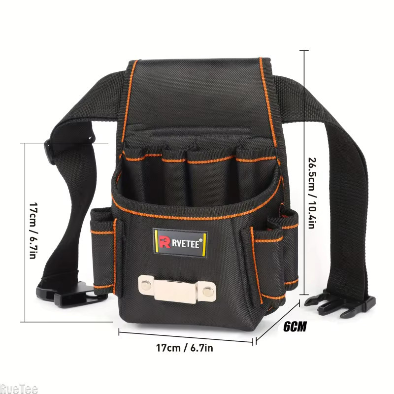 Verstärkte tragbare Werkzeugtasche in Schwarz mit 8 Steckpositionen und Gürtelbandmaßband-Haken für Elektriker, B/H/T: 26,5 x 17,0 x 6,0 cm - Bild 5