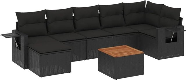 vidaXL 8-tlg Garten-Sofagarnitur in L-Form aus Poly-Rattan und Akazienholz mit Kissen, Schwarz - Bild 1