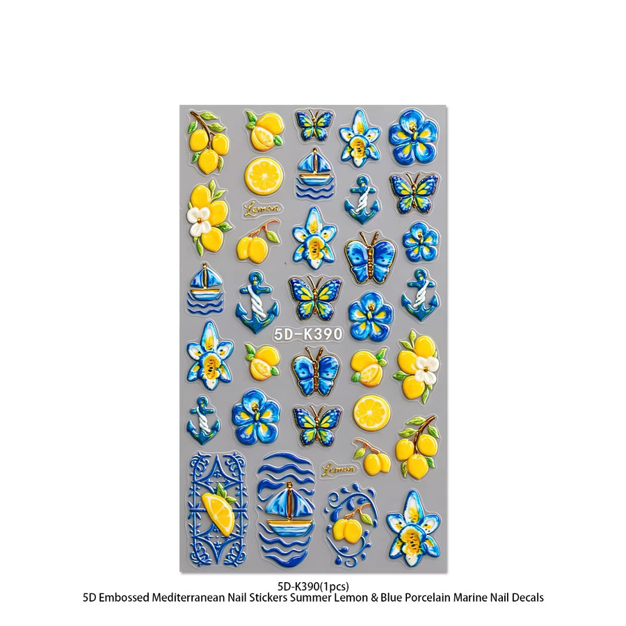 QIANJIKU Nagelkunst-Aufkleber, Gelbe Zitronen und Blaue Porzellanblumen, Weiss - Bild 2