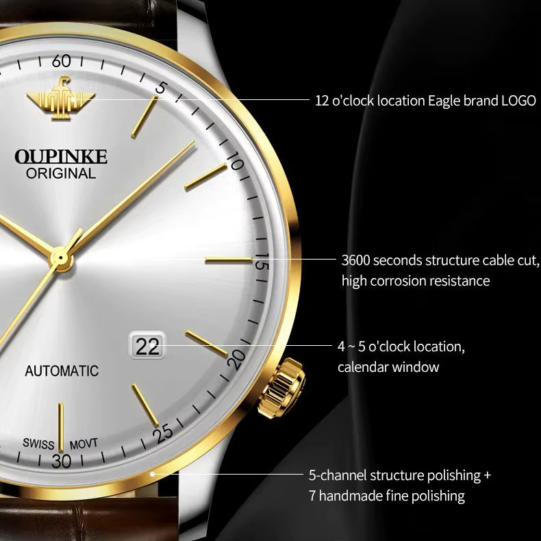 OUPINKE Armbanduhr, Automatik, Analoguhr, Gold, Leder, Herren - Bild 6