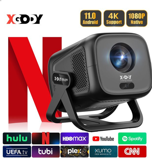 XGODY 4K Projektor mit Android 11, 300 ANSI, Autofokus, Keystone und Wifi6, Tragbares Heimkino in Schwarz - Bild 1
