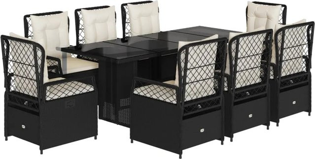 vidaXL 9-teilige Garten-Essgruppe aus schwarzem PE-Rattan mit Kissen und Hartglas-Tischplatte - Bild 1