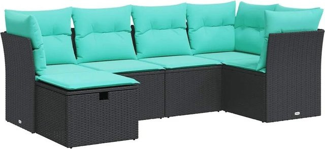 vidaXL 6-teilige Garten-Sofagarnitur aus Polyrattan mit Kissen in Schwarz, Blau und Türkis - Bild 1