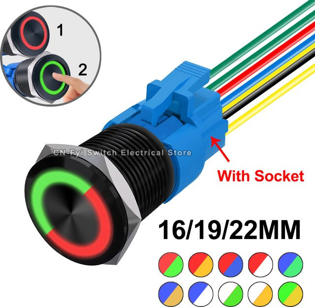 FENGYIELE Bicolor LED Drucktastenschalter aus Metall in Schwarz mit Sockel Stecker, wasserdicht für Auto und Boot, 6V 12V 24V 220V - Bild 1