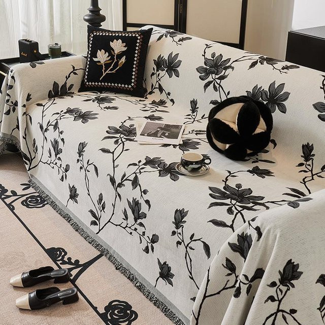Rutschfester Universal-Sofabezug im Retro-Design mit floralem Muster aus Chenille, Farbe: Weiß/Mehrfarbig, B: 180 cm, T: 130 cm - Bild 1