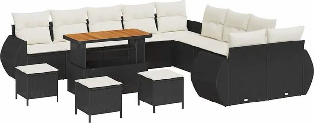vidaXL Garten-Sofa-Set 14-teilig aus Poly-Rattan und Akazienholz in Schwarz-Creme mit Polstern und Tisch - Bild 1