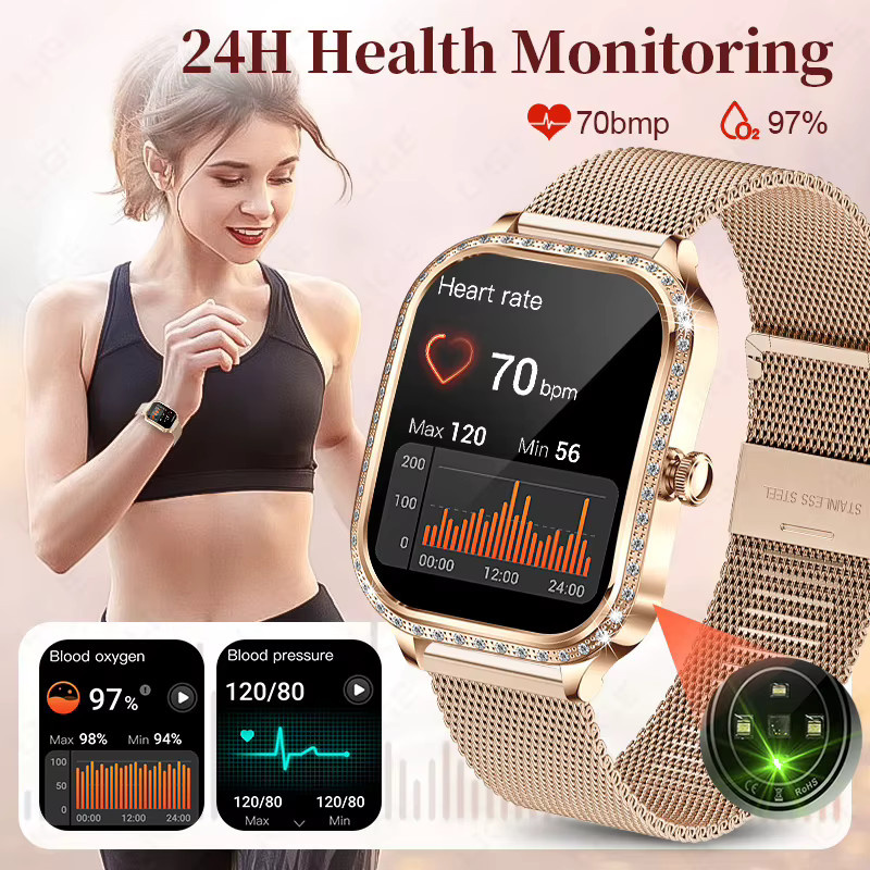 LIGE Smartwatch für Damen mit 1,75 Zoll gebogenem Bildschirm, Bluetooth-Anruffunktion, IP68 wasserdicht und Diamantgehäuse in Pink und Gold - Bild 4