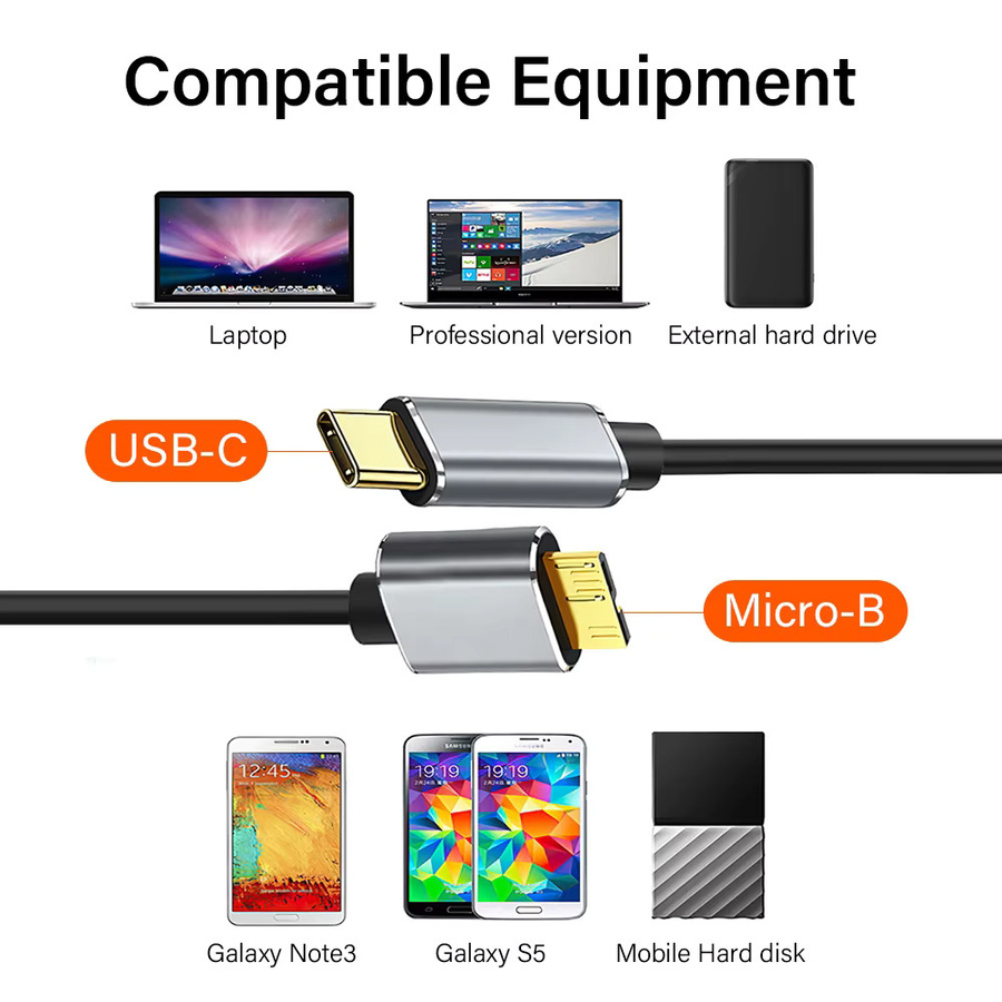 Nephy USB-C auf Micro-USB Datenkabel USB 3.0 in Schwarz für externe Festplatten und Laptops mit 5Gbps Hochgeschwindigkeit - Bild 2
