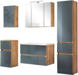 HELD MÖBEL Waschtisch-Set HELSINKI in Grau, 8-teilig mit LED-Beleuchtung und Glasfronten, Wandmontage - Bild 1