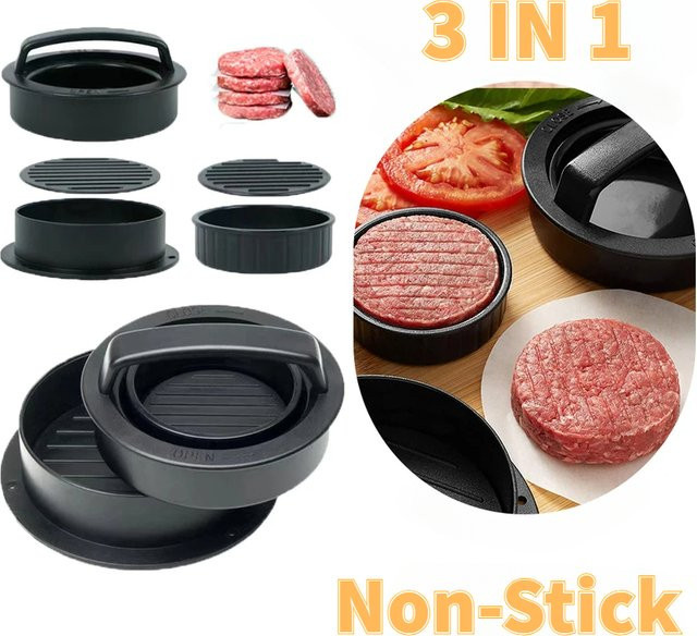 Runde Hamburger Fleischpresse in Schwarz aus Kunststoff zur Herstellung von gefüllten Burger Patties für den Grill - Bild 1