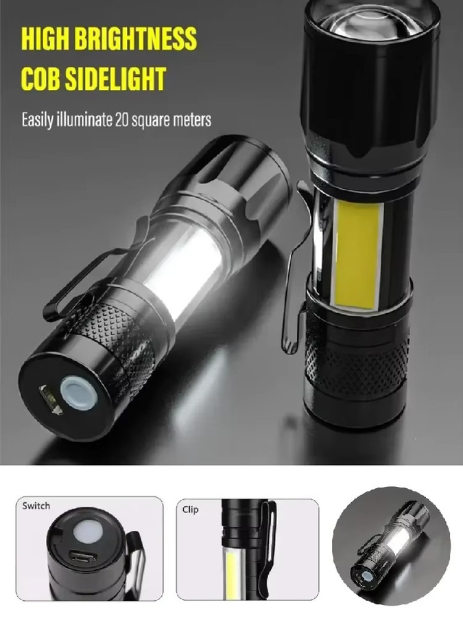 Heinast Mini LED Camping Taschenlampe mit COB und XPE, USB aufladbar, schwarz, tragbare taktische Laterne mit Zoom und Stift-Clip - Bild 7