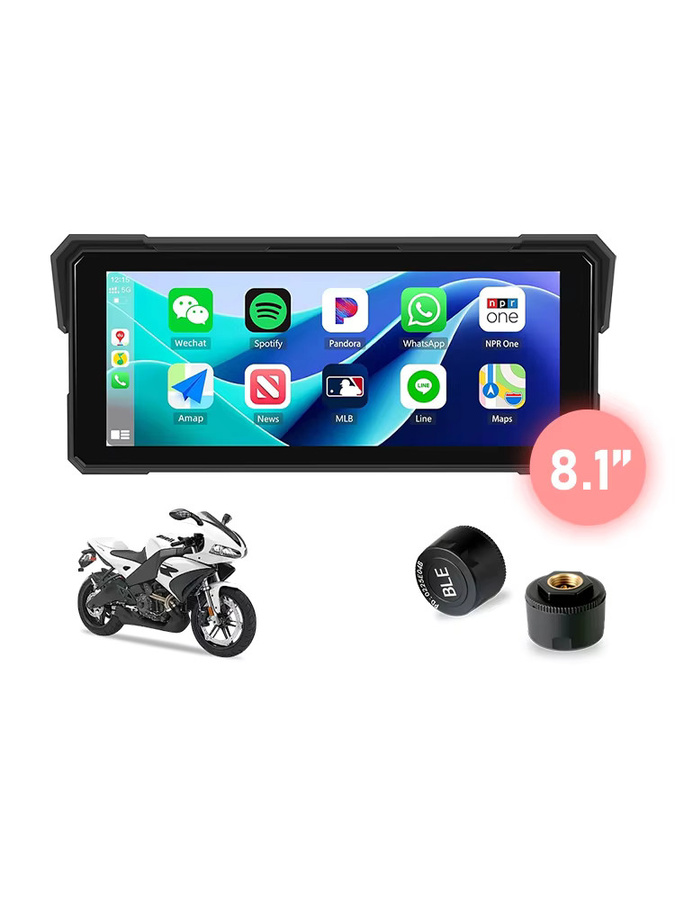 Jansite Motorrad-GPS-Navigationsgerät mit 8,1 Zoll IPS-Bildschirm, kabelloses CarPlay und Android Auto, wasserdicht nach IPX7, digitales Moto-Armaturenbrett mit TPMS, Schwarz - Bild 9