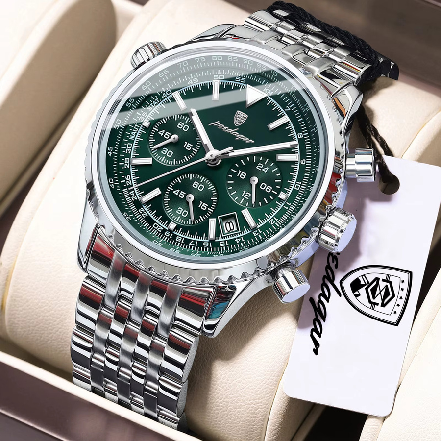POEDAGAR Chronograph Herrenuhr, Quarz, Edelstahl, Silber, Grün, Datum - Bild 2