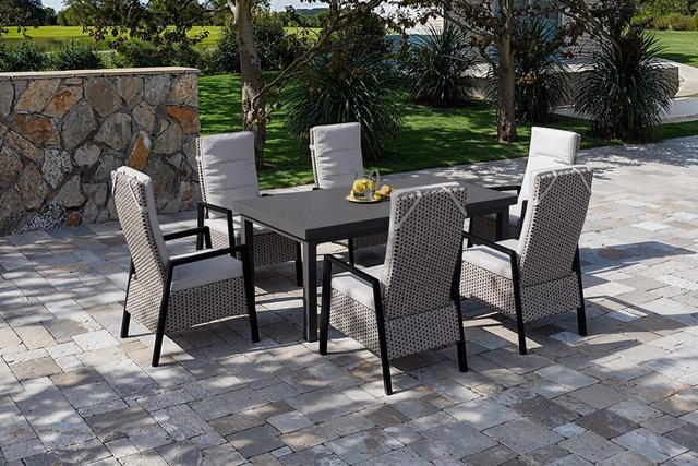OUTFLEXX Evora Garten-Essgruppe aus Aluminium und Polyrattan in Grau/Anthrazit mit ausziehbarer Tischplatte und 6 Diningsesseln - Bild 1