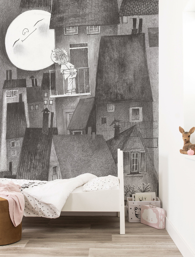 KEK Amsterdam Mural Moonlight Wandtattoo Vlies Tapete in Schwarz Weiß Grau mit Vintage Abstract Design, Breite: 194,8 cm - Bild 1