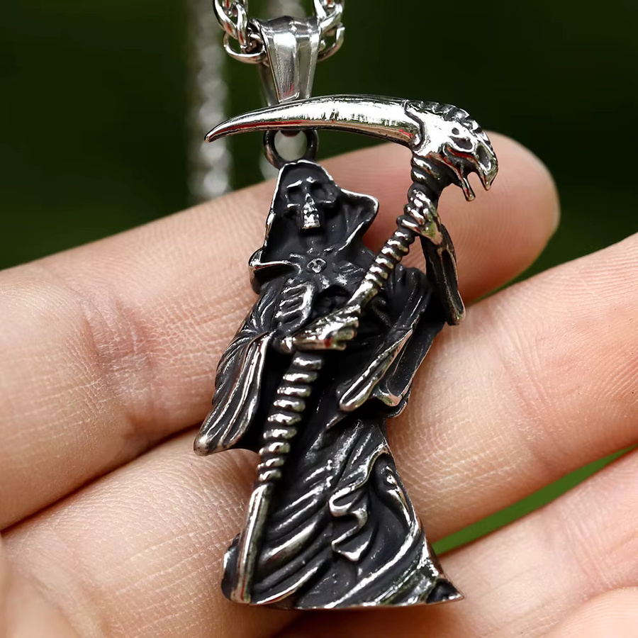 Halskette Edelstahl, Sichel Schädel Anhänger, Silber, Herren - Bild 2