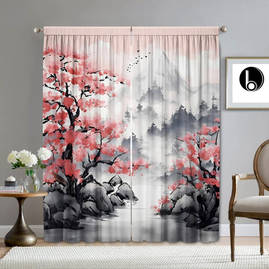 2er-Set dekorative Vorhänge mit Pflaumenblüten-Motiv in Multicolour, halbtransparent, mit Stangentaschen, Breite: 75 cm, Höhe: 166 cm - Bild 2