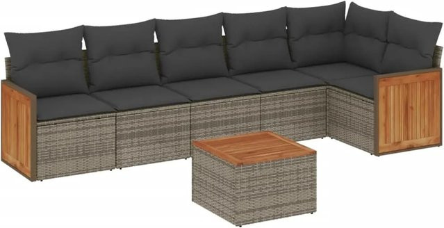 vidaXL 7-tlg Garten-Sofagarnitur aus Poly Rattan in Grau mit Kissen und Akazienholz-Elementen - Bild 1