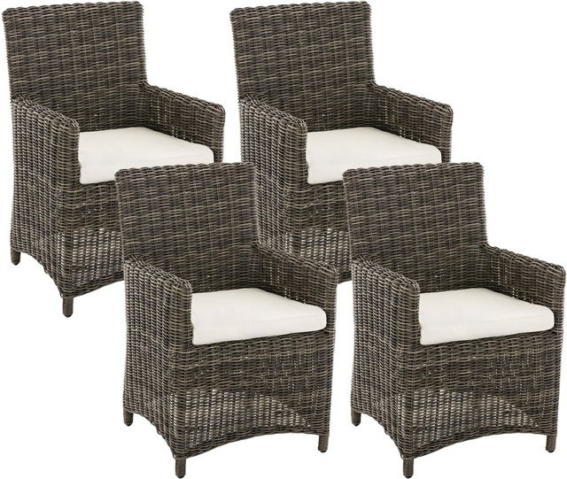 CLP Gartenstuhl 4er Set Fontana, Polyrattan Gartenstühle in Grau mit Sitzkissen, Wetterfeste Hochlehner Garten-Sessel mit Armlehnen aus Polyrattan und Metall - Bild 1
