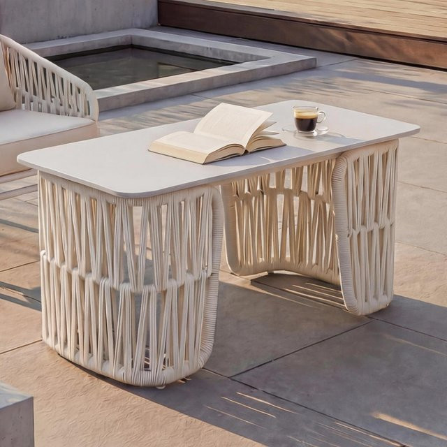 MCW Loungetisch P90 Outdoor mit Seilgeflecht und Sinterstein Platte in Creme, B/T/H: 90 x 43 x 45 cm - Bild 1