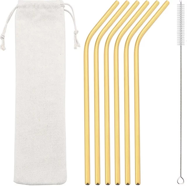 Uniturcky 6-teiliges Edelstahl-Strohhalm-Set aus Edelstahl 304 in Gold und Silber mit Reinigungsbürste, runde Trinkhalme für Bar und Party - Bild 1