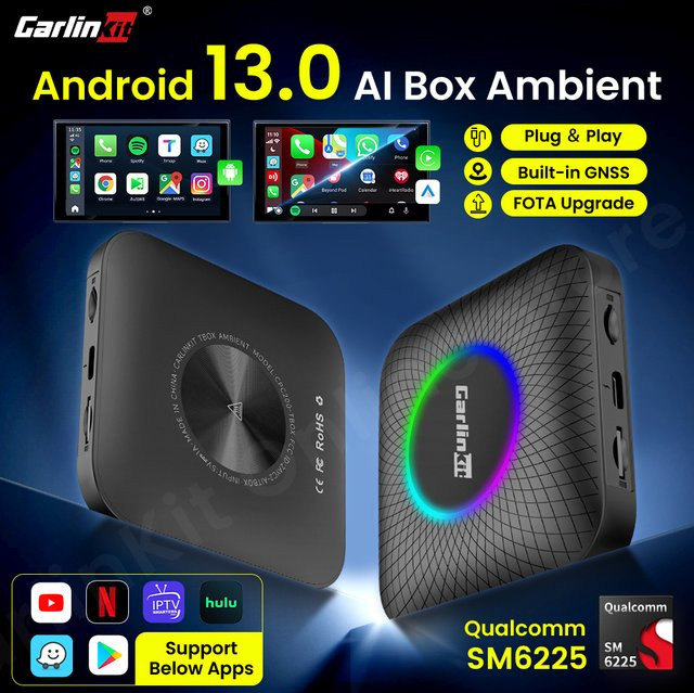 Carlinkit SM6225 TV-Box Android 13 mit Qualcomm 8-Kern, Wireless Android Auto und CarPlay Adapter für YouTube und Netflix, Schwarz - Bild 1