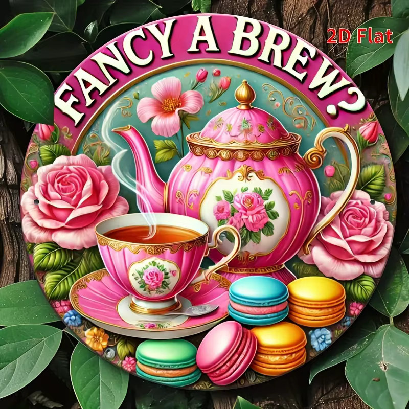 Potdemiel Metallwandkunst Vintage Pink Rose Tea Party Rundes Eisenschild mit Fancy a Brew Design, Durchmesser: 20 cm - Bild 2