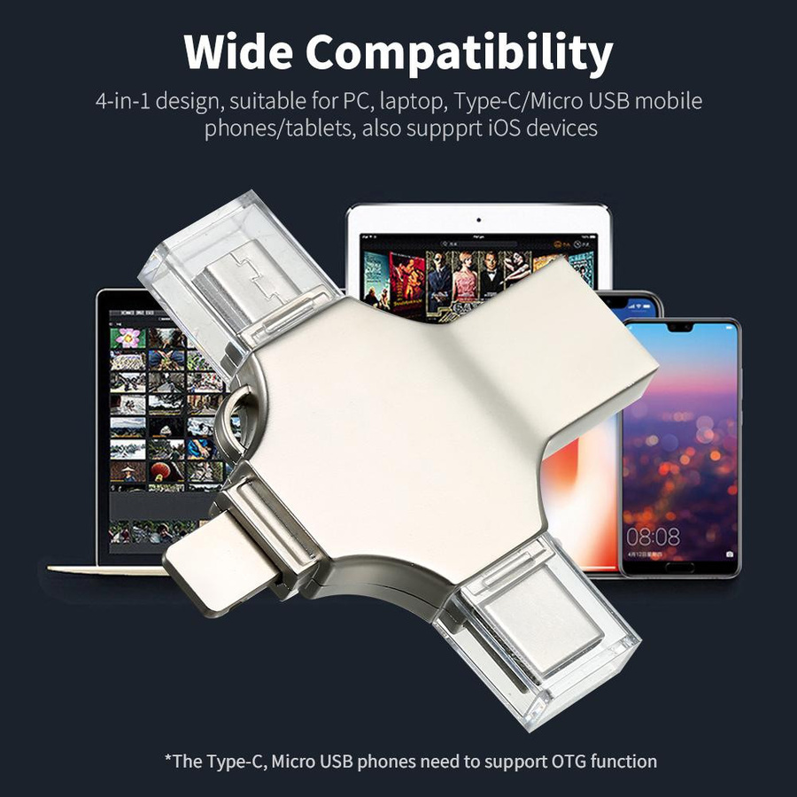 4-in-1 USB-Flash-Laufwerk 128 GB aus Metall in Silber mit USB-C und Micro-USB für Mobiltelefone und Computer - Bild 3
