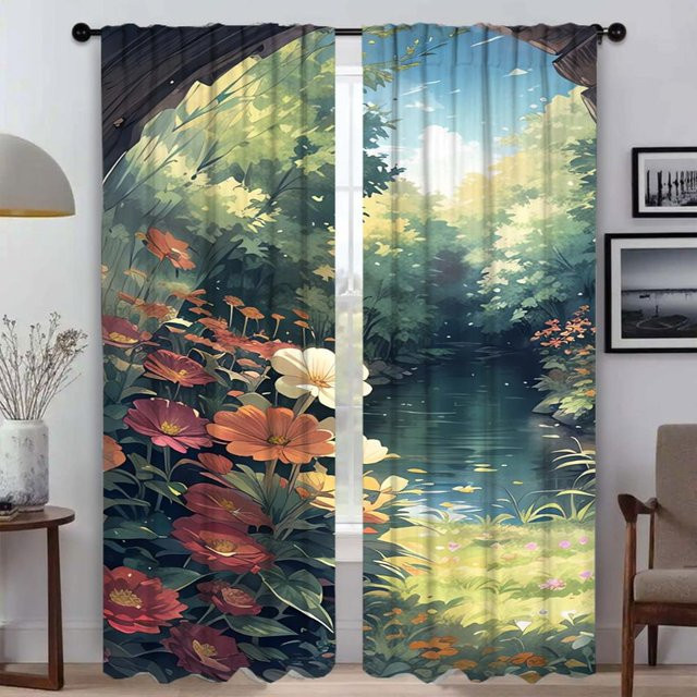 2er-Set moderne Tüll-Vorhänge für Wohnzimmer und Schlafzimmer, halbtransparent, mehrfarbig, Breite: 50 cm, Höhe: 70 cm - Bild 1